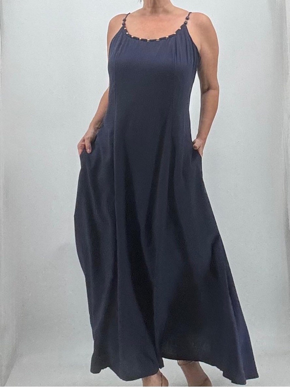 Calypso St. Barth Quiet Luxury Coastal Vacation Navy Beaded Linen Maxi Dress